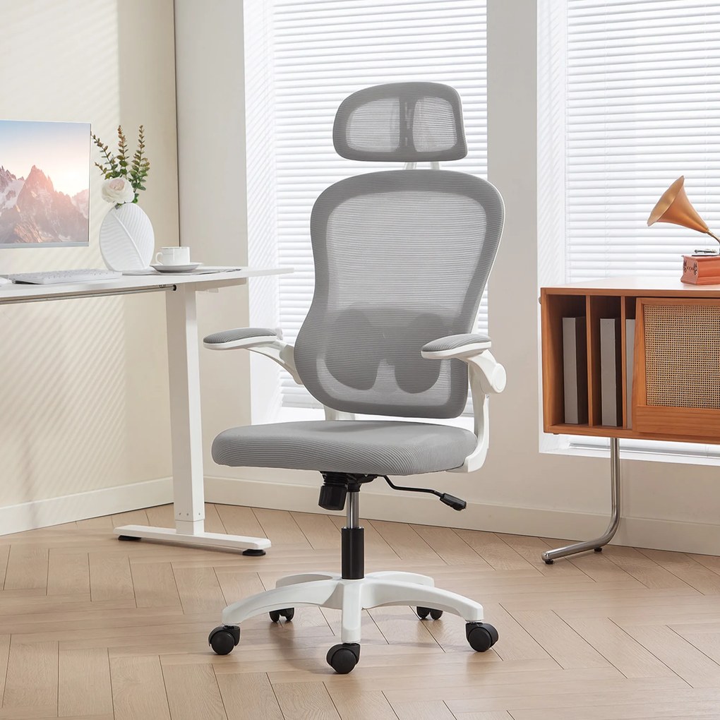 Cadeira de escritório ergonómica em malha com braços rebatíveis, altura ajustável, 64 x 62 x 115 cm, cinzenta