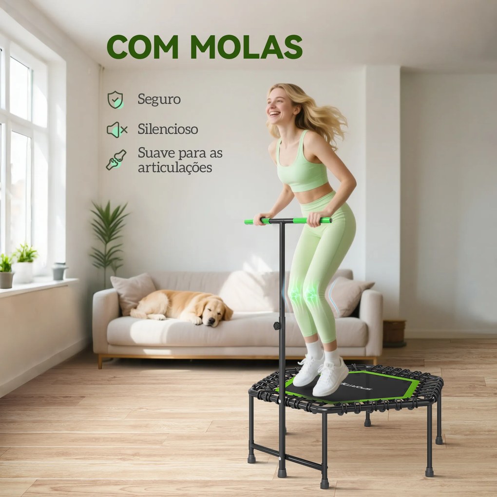 Trampolim Fitness 114x114x132 cm com Guiador Ajustável em 3 Níveis Estrutura de Aço para Treino de Perna Corpo Verde