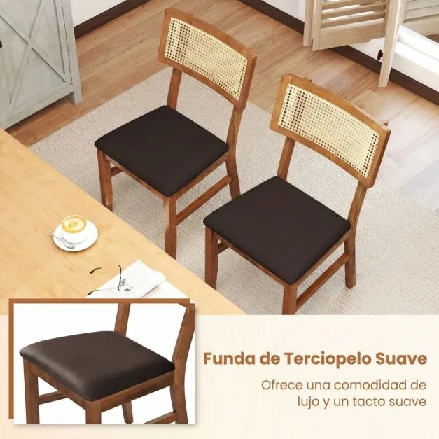 Conjunto de 2 cadeiras jantar estofadas com encosto em rattan tecido (MESA NÃO INCLUIDA), Estrutura em madeira de borracha Cor de nogueira e Castanho