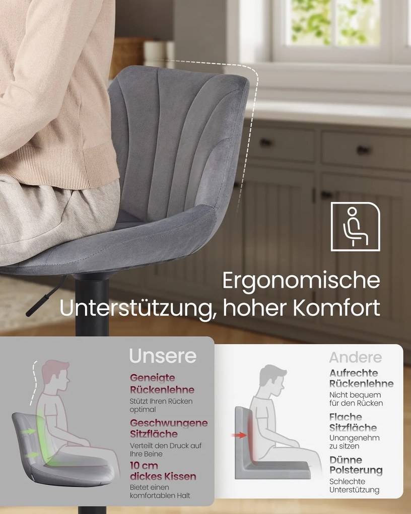 Conjunto 2 bancos bar com encosto e assento giratório 46,5 x 43 x (88-108) cm em veludo cinza ardósia