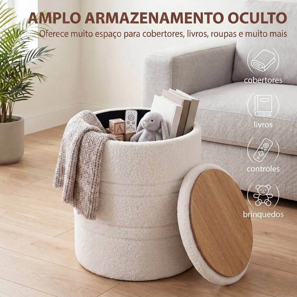Pufe de Arrumação 33 L em Borreguito com Tampa Reversível Banco Redondo Branco para Sala e Quarto