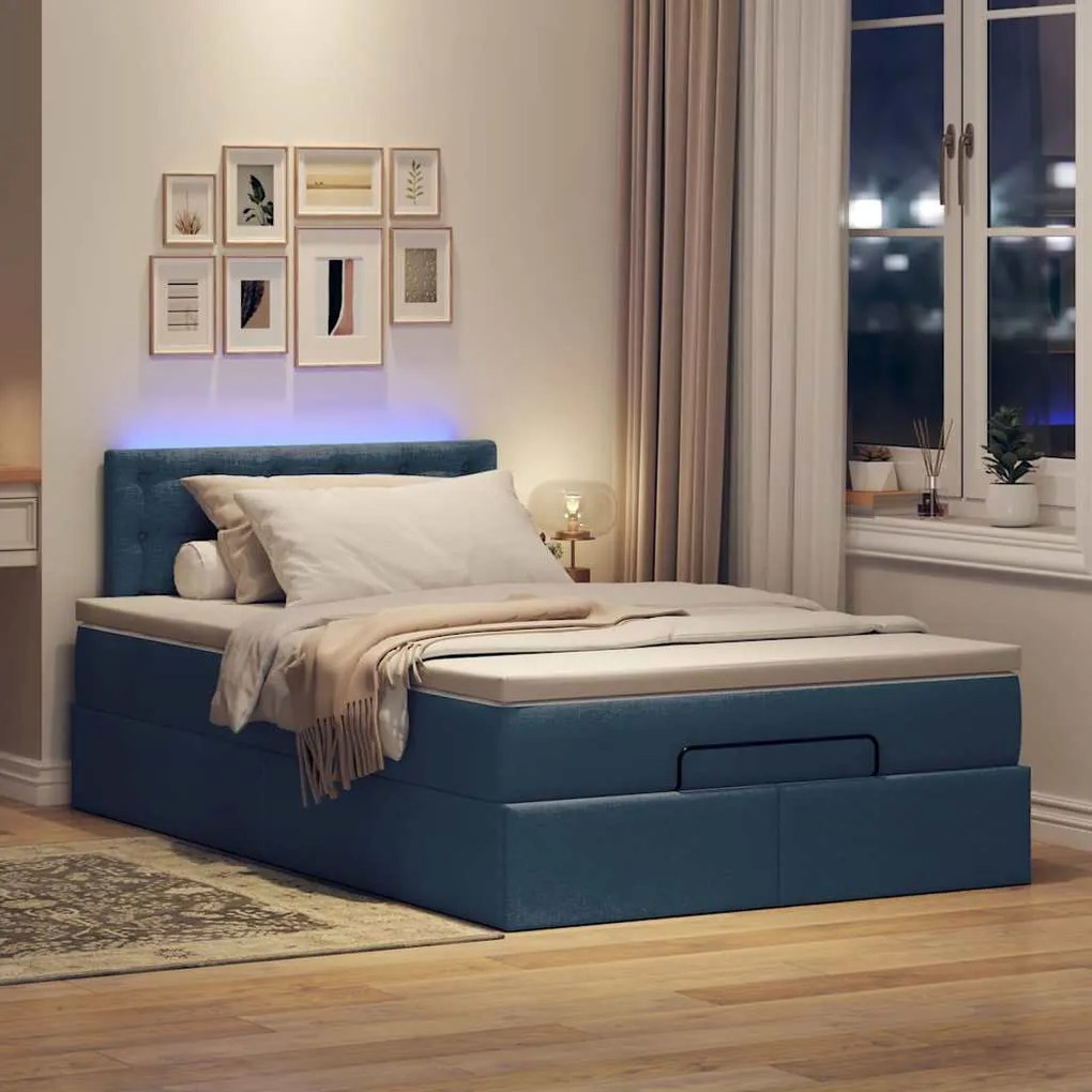 Cama Otomana com Colchão & LEDs Tecido Azul 120x200 cm