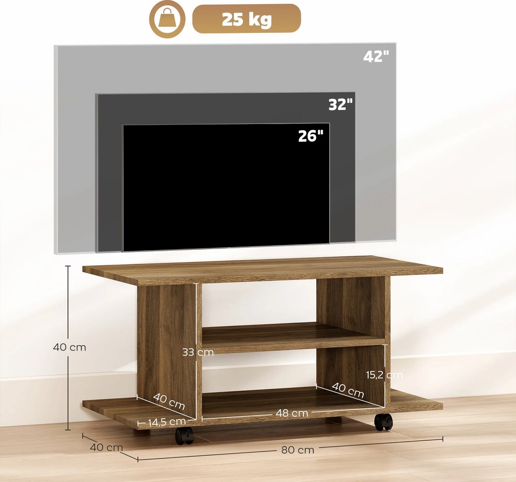 Móvel de televisão com rodas 80 L x 40 P x 40 A cm, móvel para televisores até 42 polegadas com prateleiras abertas, em cor nogueira