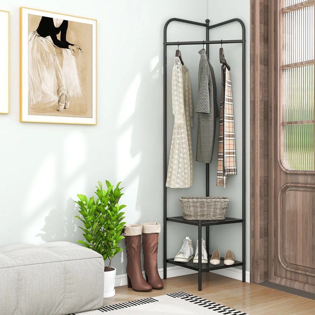 Guarda Roupa de canto 2 em 1 para roupa com gancho superior e 2 prateleiras Economia de espaço 42,5 x 42,5 x 193,5 cm Preto