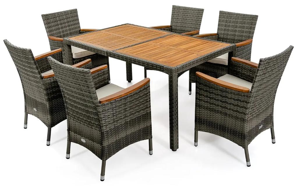 Conjunto de jantar Jardim de 7 peças Rattan PE Conjunto de móveis de rattan com mesa retangular de madeira 6 cadeiras almofadas para pátio jardim terr