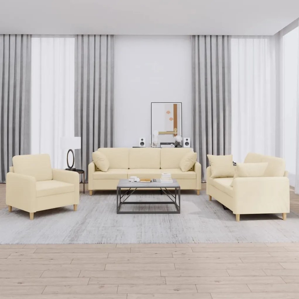 vidaXL 3 pcs conjunto de sofás com almofadas tecido cor creme