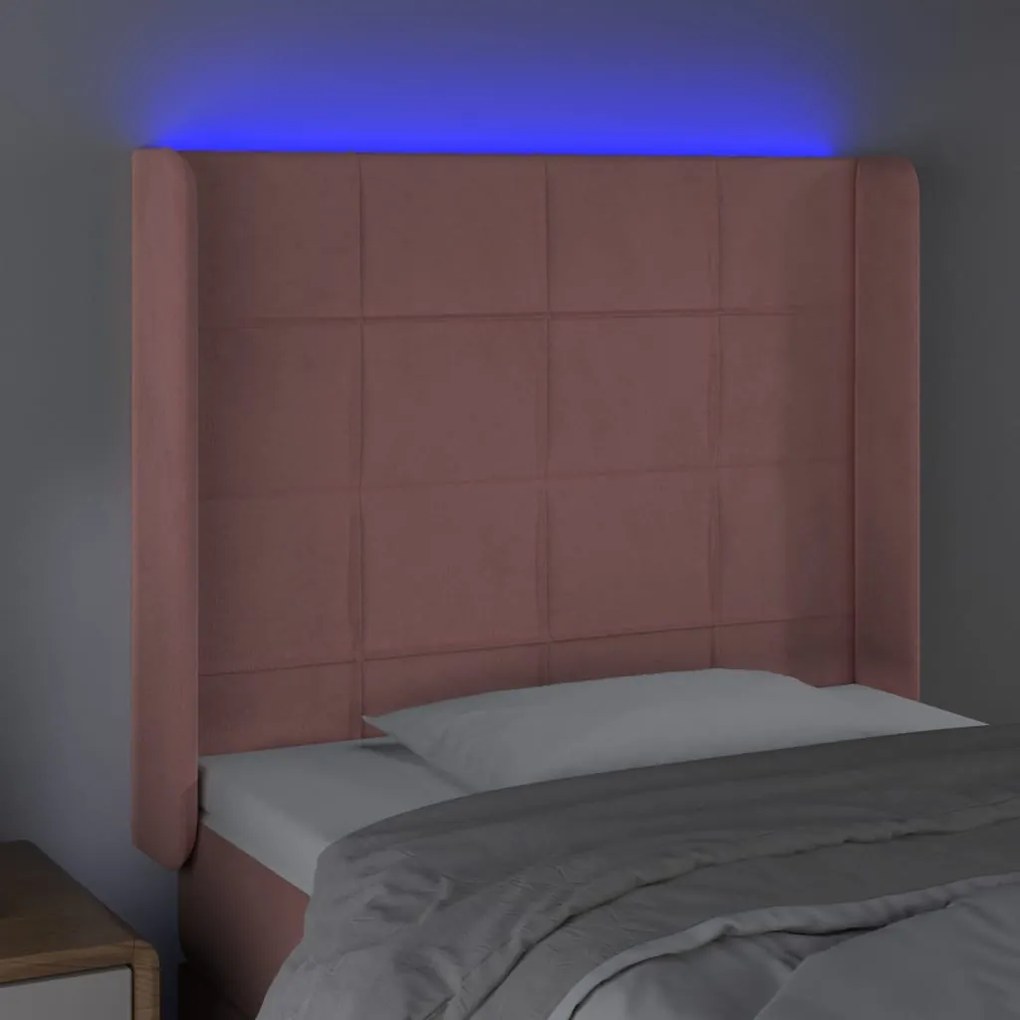 Cabeceira de cama c/ luzes LED veludo 93x16x118/128 cm rosa