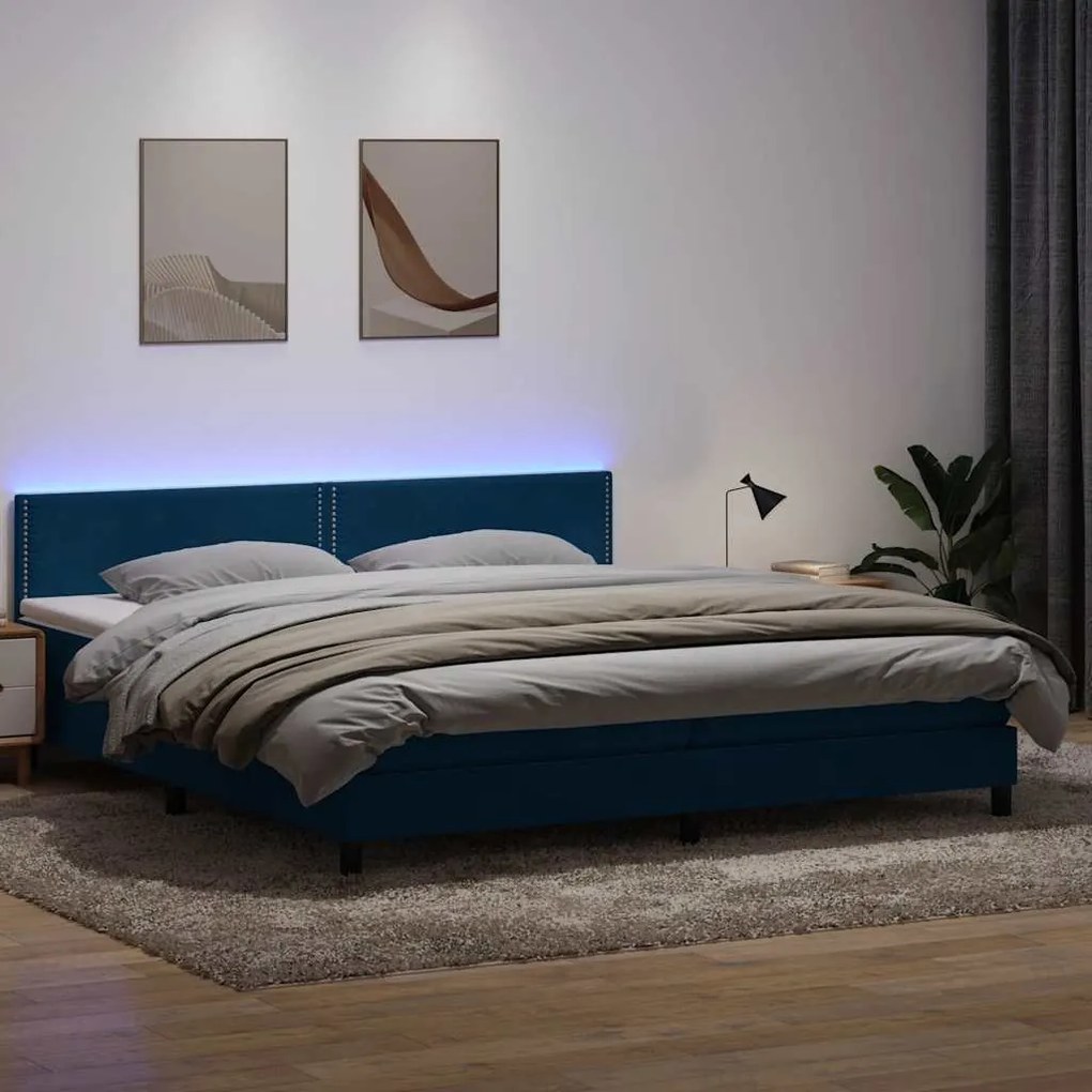vidaXL Cama box spring c/ colchão e LED 200x210 cm veludo azul-escuro