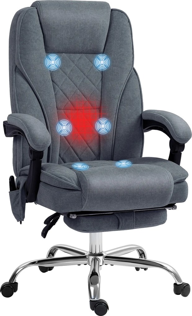 Cadeira de escritório com massagem e aquecimento, altura ajustável, encosto reclinável, comando à distância e apoio para os pés retrátil, cinzenta