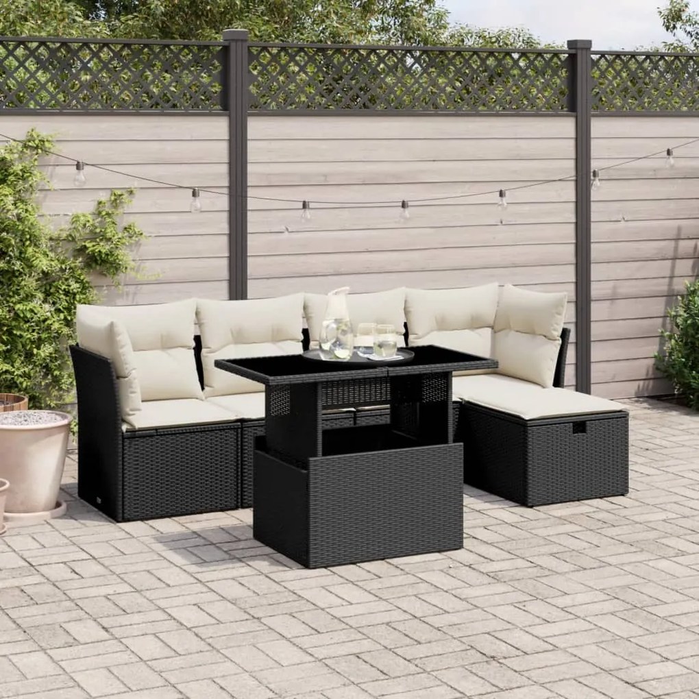 6 pcs conjunto sofás de jardim c/ almofadões vime PE preto