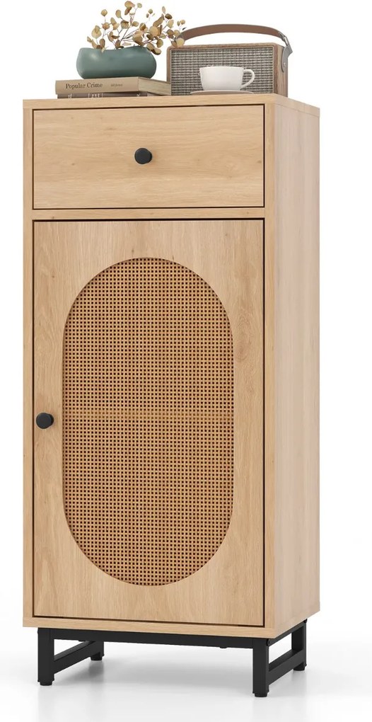Armario arrumação de rattan PE com gaveta deslizante Porta de rattan PE Suporte metálico com pernas ajustáveis para sala de estar Quarto Hall de entra
