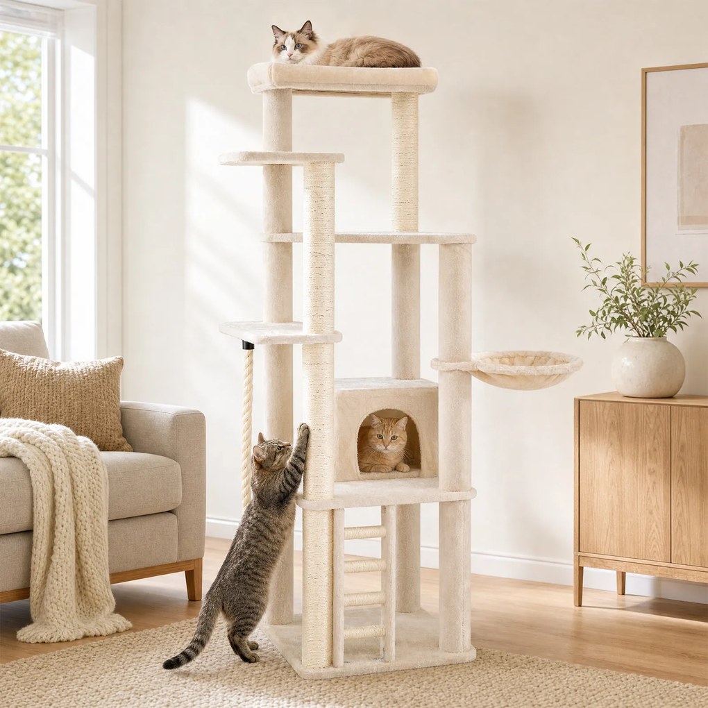 Árvore para Gatos de 5 Níveis, 71 x 71 x 194 cm, Para Vários Gatos, Bege