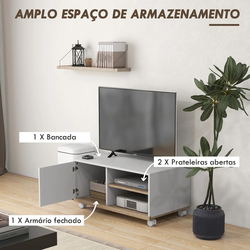 Móvel de TV para Televisores de até 42 Polegadas com 4 Rodas porta e 2 Prateleiras 80x45x39,5 cm Branco