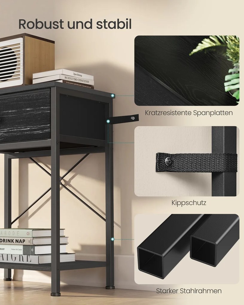 Mesa de cabeceira preta com tomada LED, 39,6 x 30 x 60,4 cm, 2 gavetas Preto