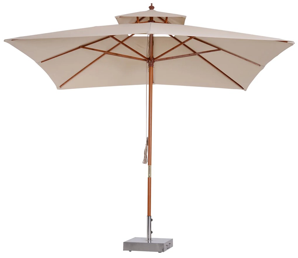 Guarda-sol 3x3m de Bambu Madeira para Jardim Terraço Pátio Praia Tecto Duplo Rectângulo Poste de 48mm Creme