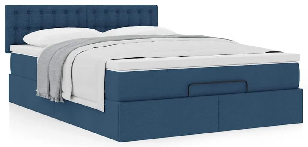 Estrutura de cama otomana com colchão tecido azul 140x200cm