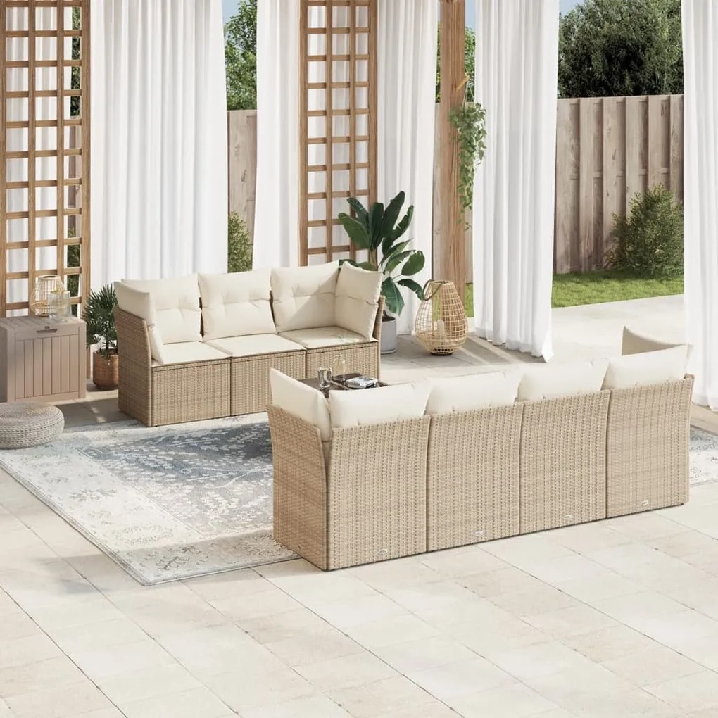 8 pcs conjunto de sofás p/ jardim com almofadões vime PE bege