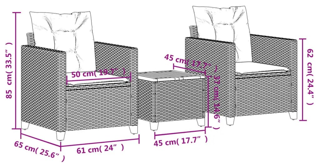 Conjunto de bistrô com almofadões 3 pcs vime PE e acácia bege