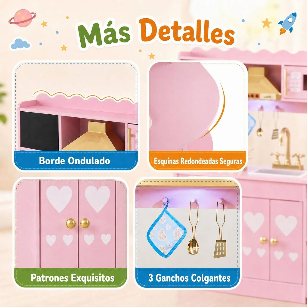 Cozinha Infantil de Brincar, 79,5 x 29,5 x 97 cm, com Exaustor e Quadro para Desenhar, Cor-de-rosa