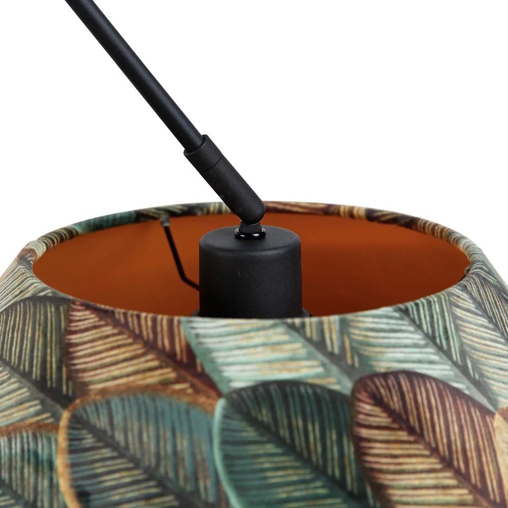 Candeeiro Pendente Preto com Abajur Duplo em Veludo, Design Folha e Bege - Blitz Clássico / Antigo,Moderno