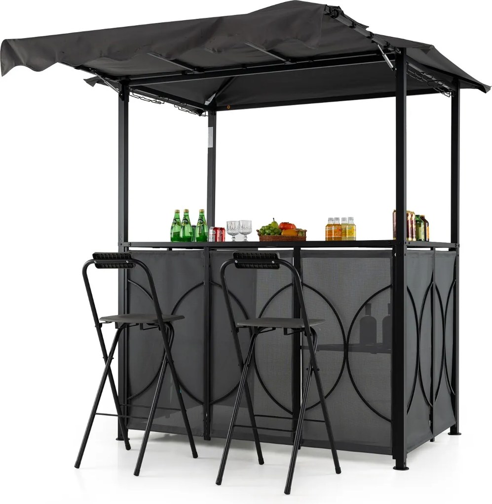 Tenda jardim com mesa de bar e 2 cadeiras dobráveis com prateleiras de metal para jardim 193 x 117 x 240 cm cinza