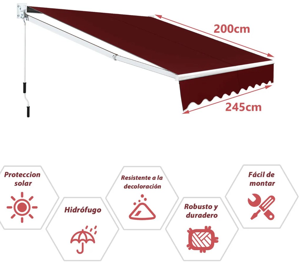 Toldo retrátil 245 x 200 cm com manivela manual em poliéster impermeável, marquise em alumínio para porta de parede ou janela Cor de Vinho