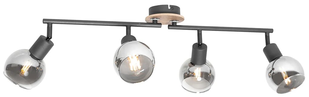 Candeeiro de teto preto com vidro fumê e madeira 4 luzes - Vidro Moderno