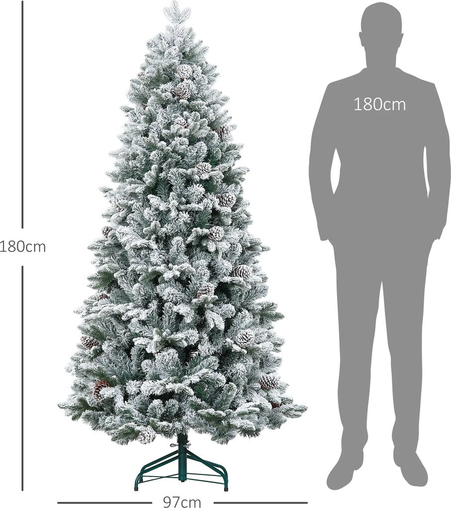 Árvore de Natal artificial de 180 cm com suporte metálico, 1489 ramos cobertos de neve, pinhas, verde