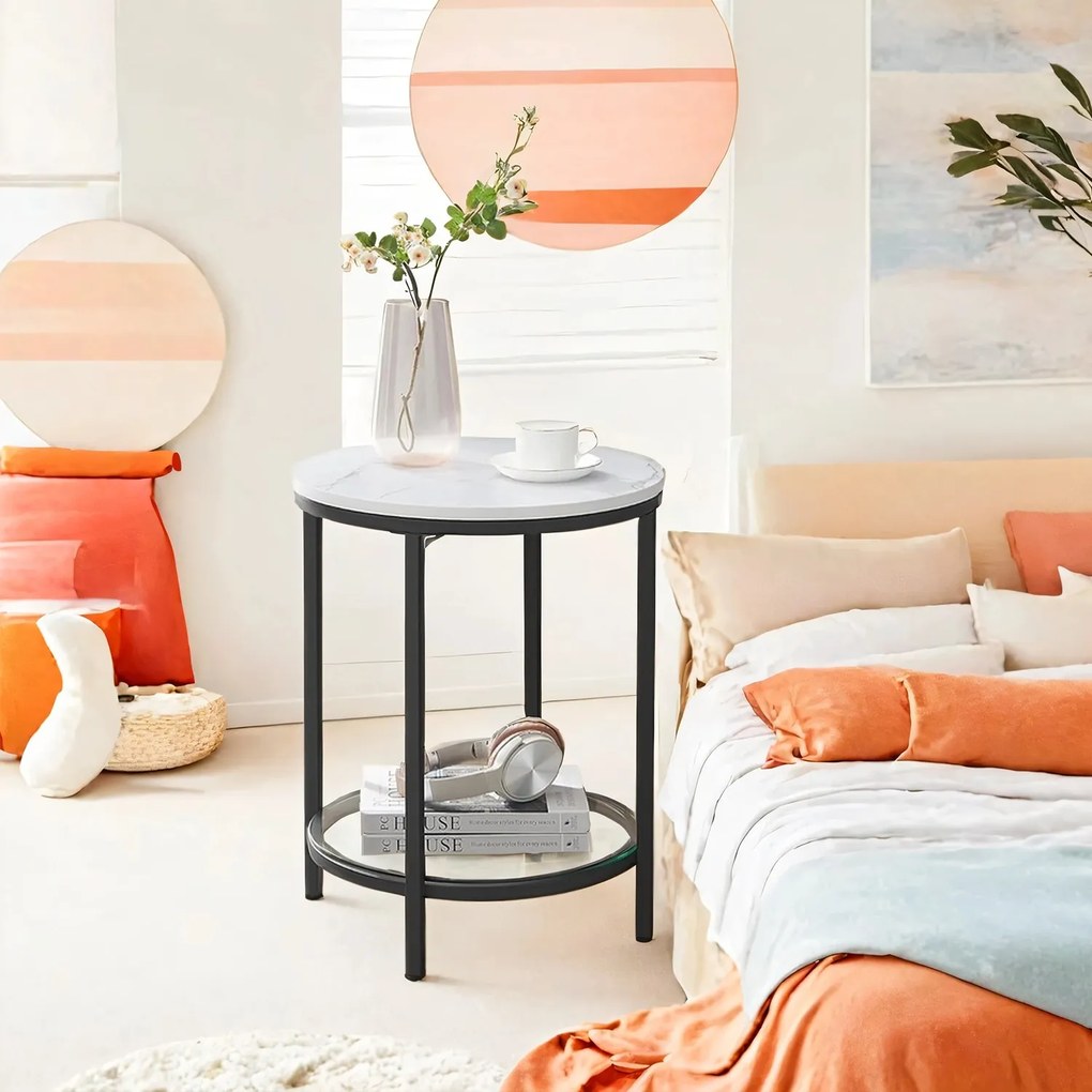Mesa auxiliar de 2 níveis 45 x 55 cm (Ø x A) em efeito mármore branco com estrutura preta