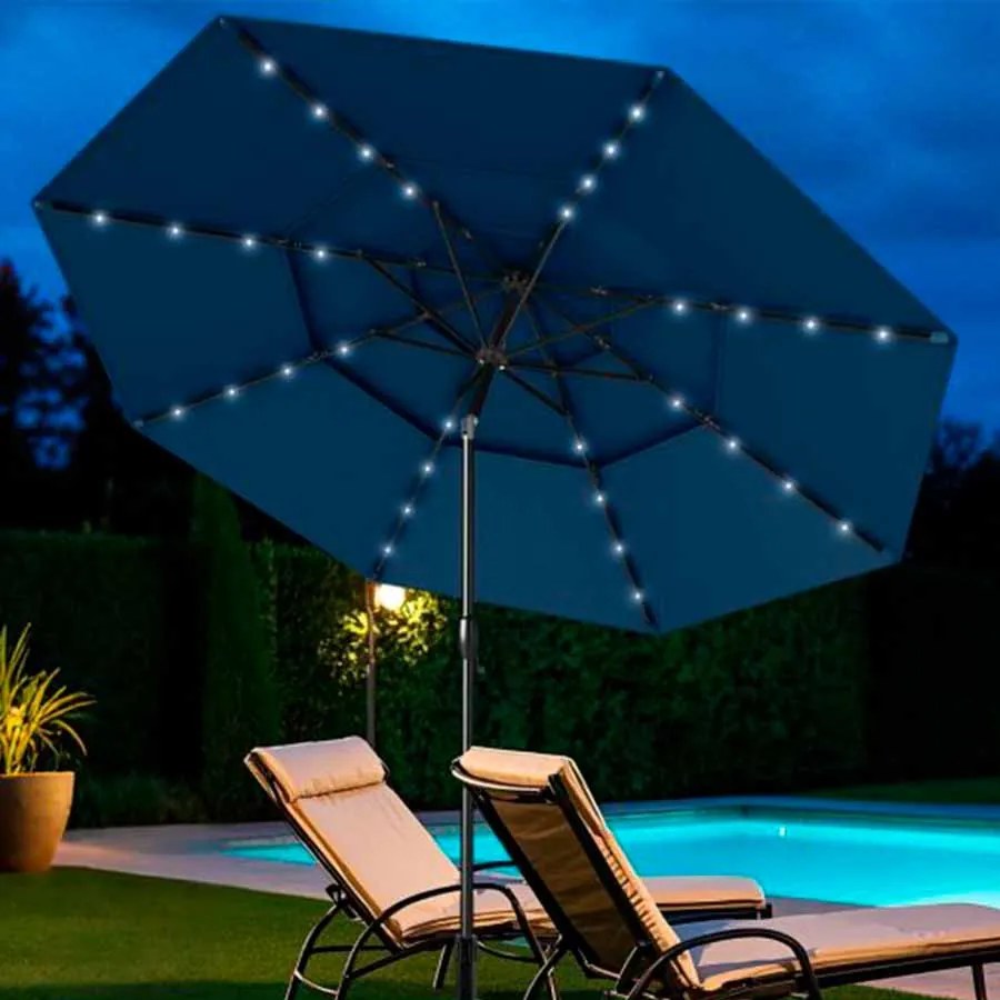 Guarda-sol Jardim de 313 cm com 32 luzes LED Teto ventilado de 3 níveis Ajuste de inclinação Azul Marinho
