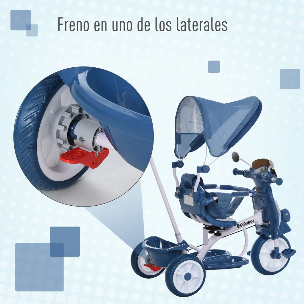 HOMCOM Triciclo evolutivo infantil Carrinho de criança Com função de luz e música Barra de segurança e toldo retrátil Assento giratório 360 ° 93x51x94 cm Azul