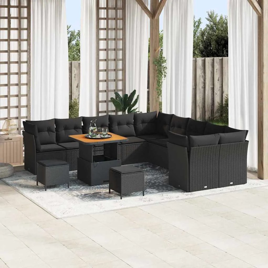 vidaXL Conjunto de Sofá de Jardim com 13 Peças e Almofadas Pretas em Rattan e Acácia.