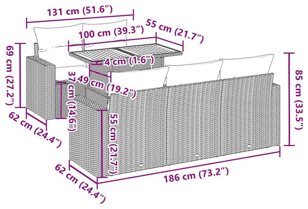 6 pcs conjunto sofás de jardim com almofadões vime cinzento