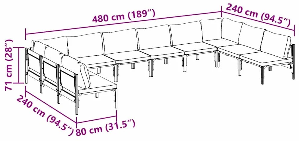 Conjunto de Sofá de Jardim 10 pcs Cinzento-escuro Aço