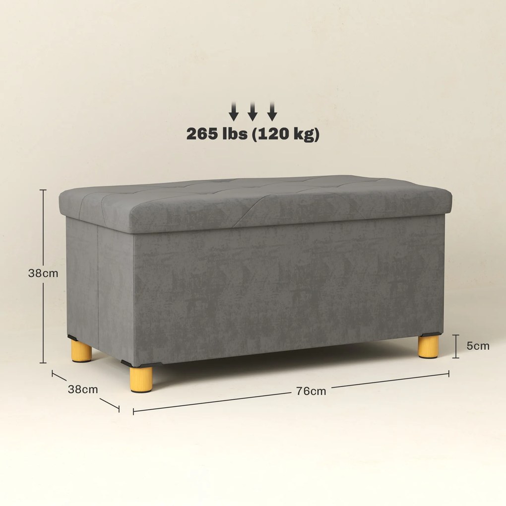 Banco de Armazenamento Dobrável Capacidade de 67 L Estofado em Veludo Carga 120 kg 76x38x38 cm Cinza