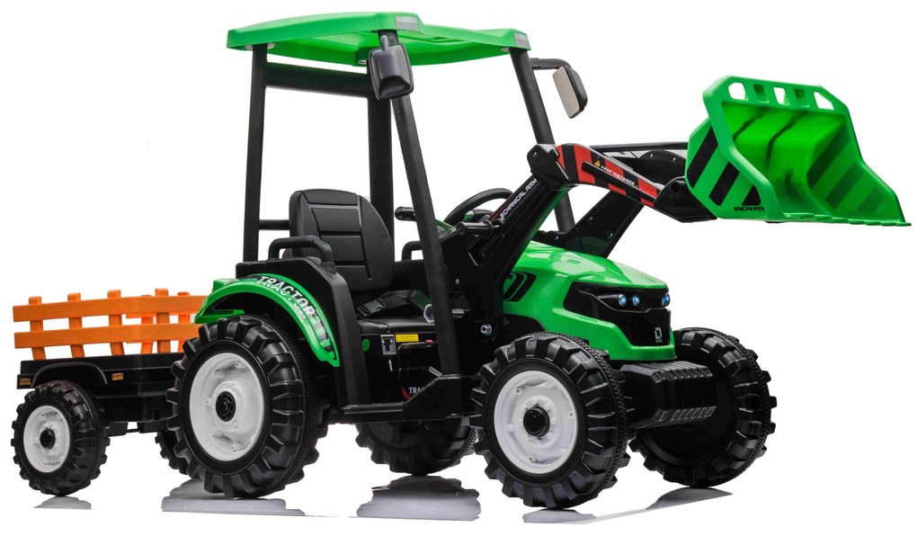 Trator elétrico para Crianças 24V 2x200W MEGA D68 Tractor com Reboque Assento de couro, Rodas Plástico Verde