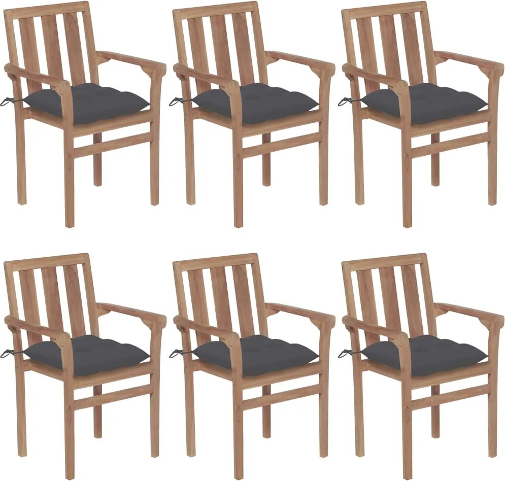 vidaXL Cadeiras de jardim empilháveis c/ almofadões 6 pcs teca maciça