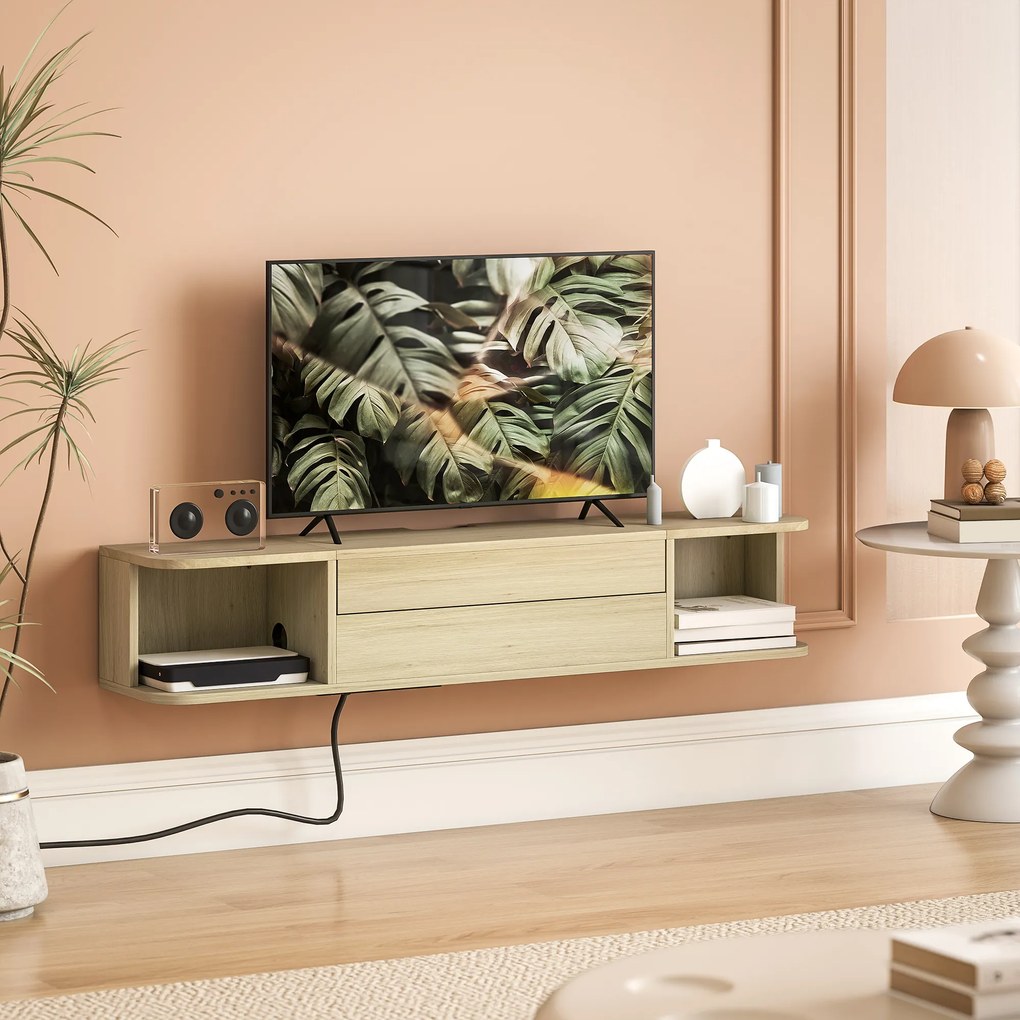 Móvel de TV suspenso para televisores de 50 polegadas 120 x 24 x 22,4 cm,, com gaveta, prateleiras e passadores de cabos com efeito de madeira natural