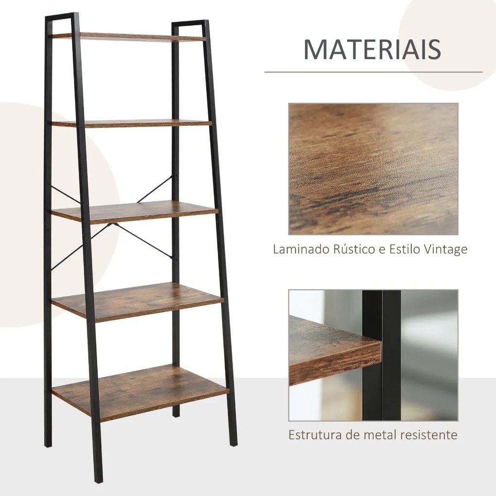 Estante de Estilo Industrial em Forma de Escada com 5 Prateleiras com Estrutura de Metal para Sala de Estar Dormitório Cozinha Escritório 56x34x160cm