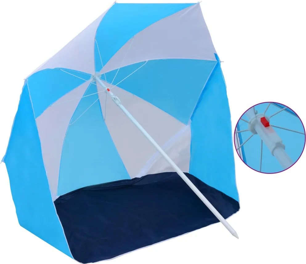 Guarda-sol de praia com abrigo 180 cm tecido azul e branco