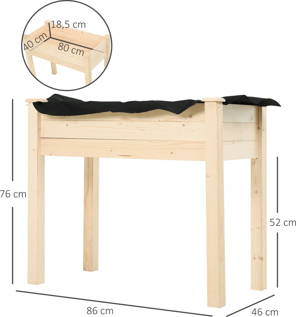 Floreira Elevada de Madeira com Tecido não Tecido e 4 Orifícios de Drenagem para Cultivo 86x46x76cm Madeira