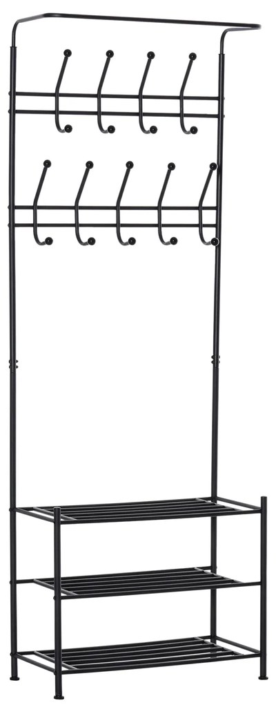 HOMCOM Móvel Cabide de Entrada com 18 Ganchos e Sapateira Armário de Entrada com Cabide com 3 Prateleiras 67x30x185 cm Preto