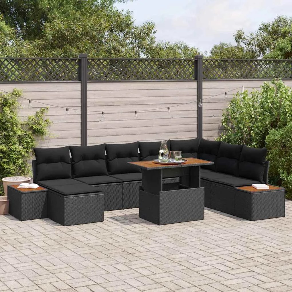 vidaXL Conjunto de Jantar para o Jardim com 9 Peças e Almofadas em Polirattan Preto