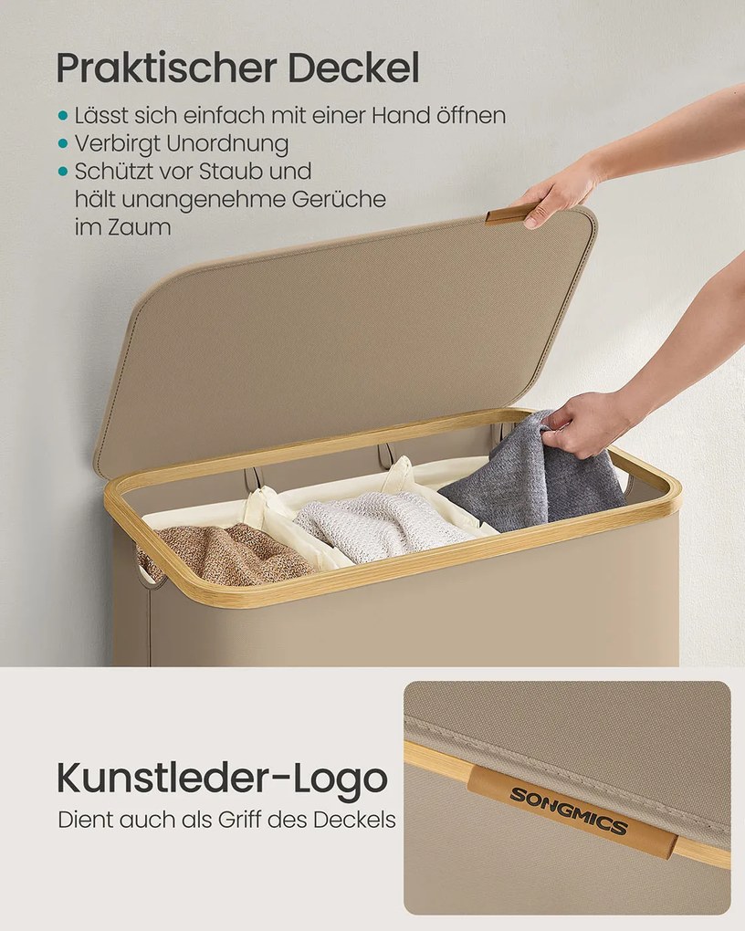 Cesto para roupa suja 150 L com tampa e 3 compartimentos 60 x 38,5 x 70,5 cm castanho-camelo