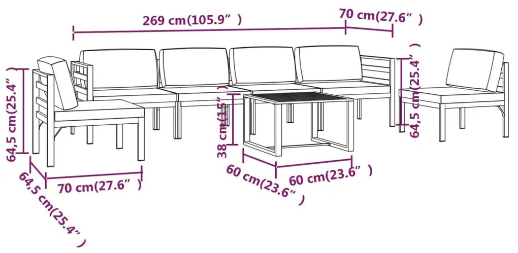 7 pcs conjunto lounge jardim com almofadões alumínio antracite