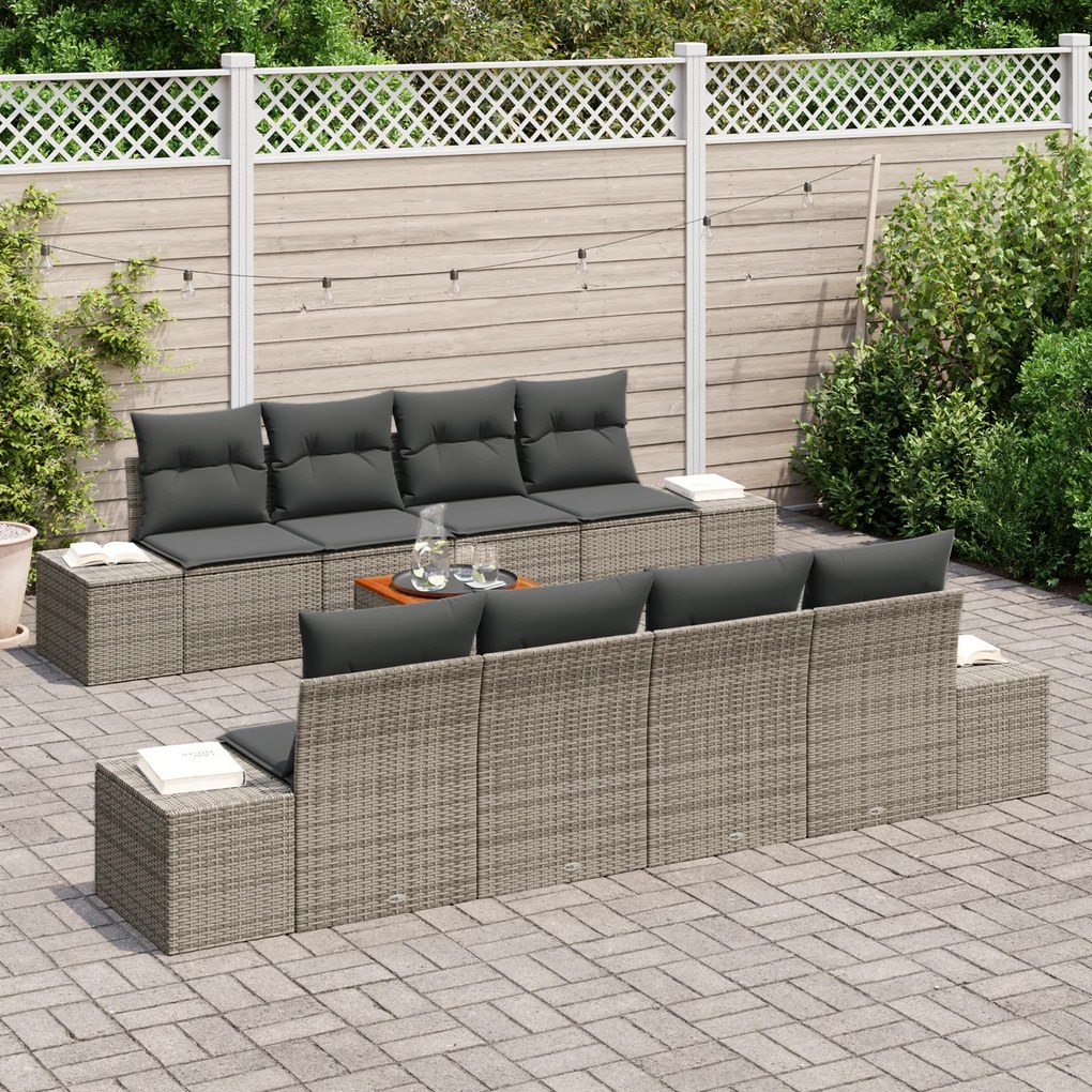 Conjunto de Sofá de Jardim de 7 Peças com Almofadas Cinzento Rattan Po