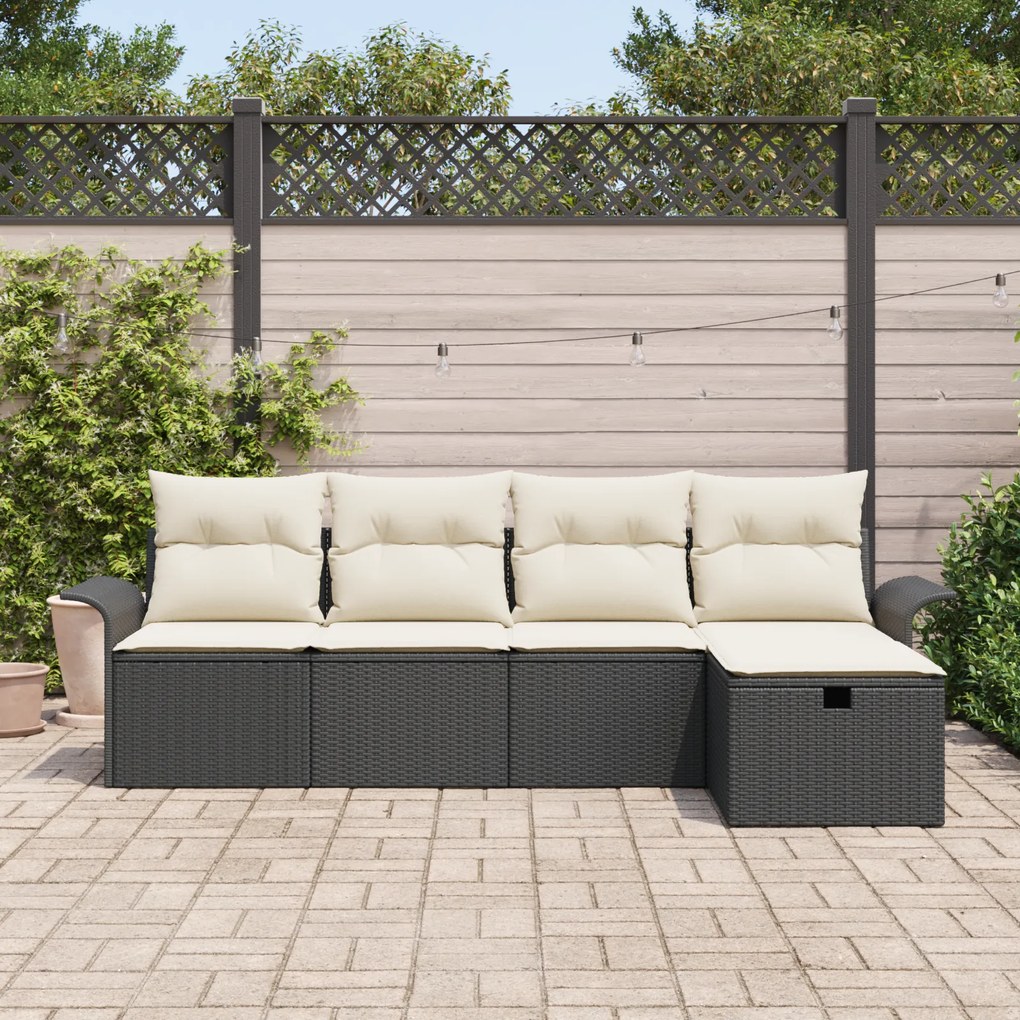 Conjunto de Sofá de Jardim de 5 Peças com Almofadas Preto Rattan Polié
