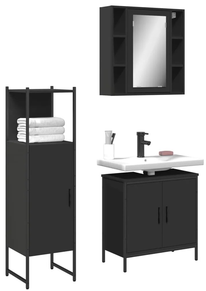 vidaXL 3 pcs conjunto móveis casa de banho derivados de madeira preto