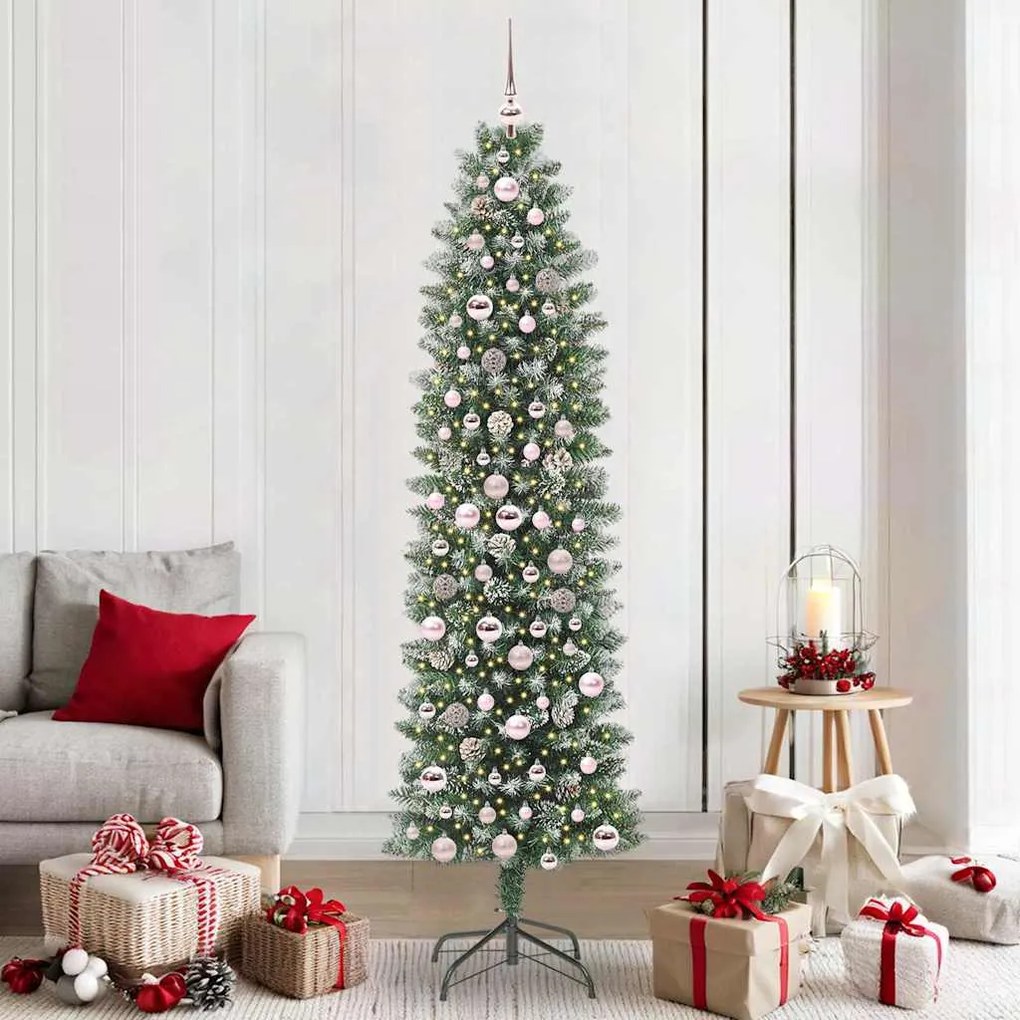 vidaXL Árvore Slim de Natal Artificial Verde e Branco 210 cm