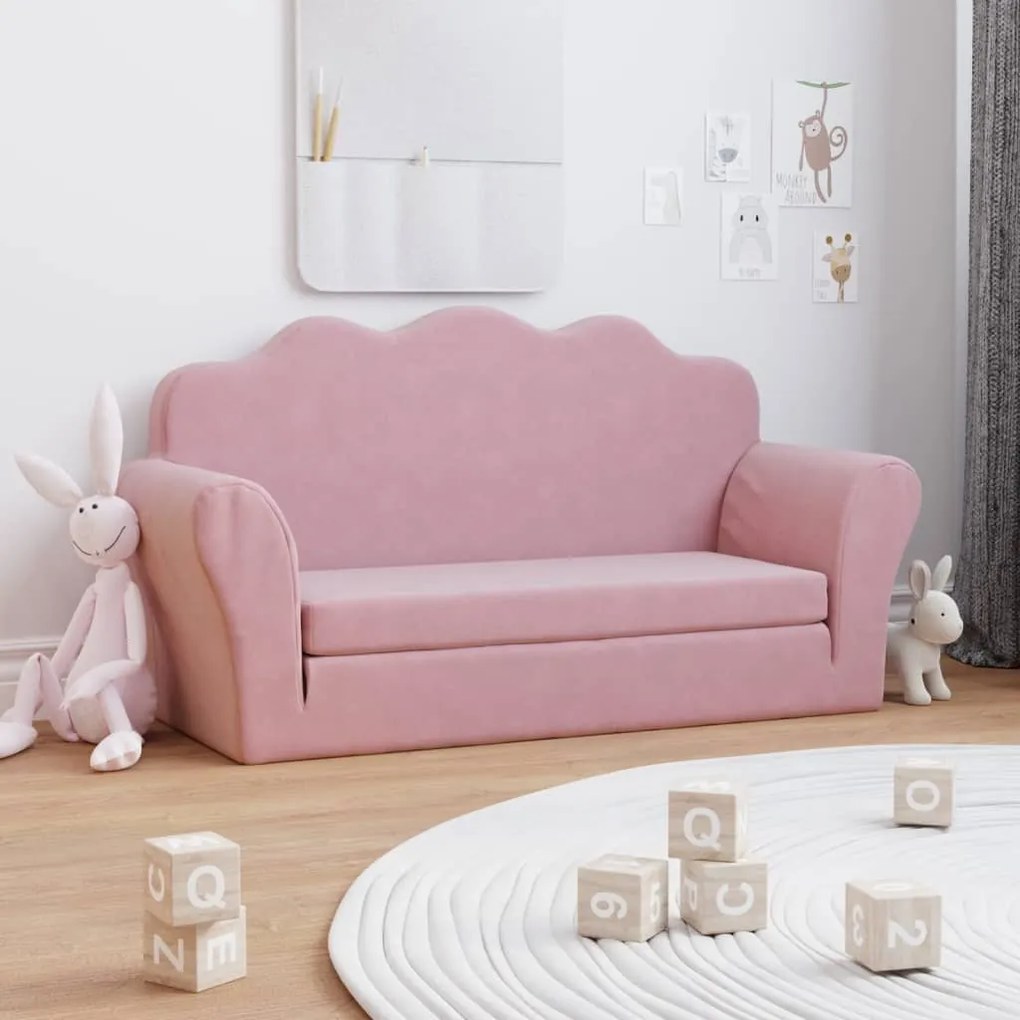 Sofá-cama infantil de 2 lugares pelúcia macia rosa